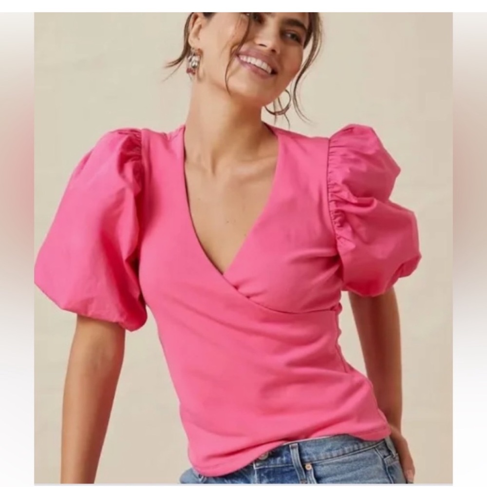 Anthropologie Maeve top in fushia puff sleeves V neck wrap style size M
